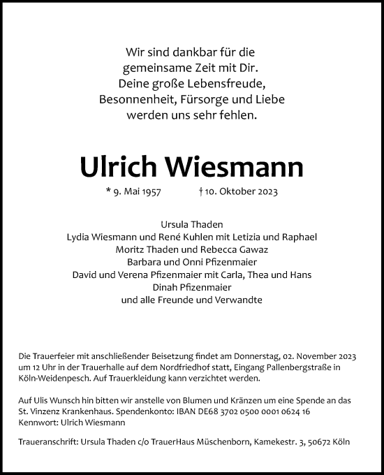 Anzeige von Ulrich Wiesmann von Kölner Stadt-Anzeiger / Kölnische Rundschau / Express