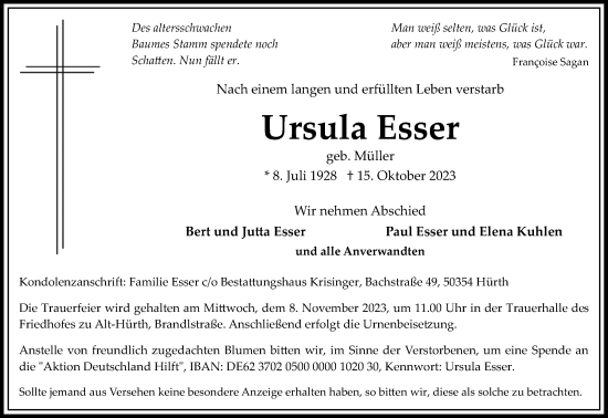 Anzeige von Ursula Esser von Kölner Stadt-Anzeiger / Kölnische Rundschau / Express