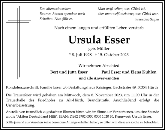 Anzeige von Ursula Esser von  Wochenende 