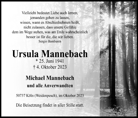 Anzeige von Ursula Mannebach von Kölner Stadt-Anzeiger / Kölnische Rundschau / Express
