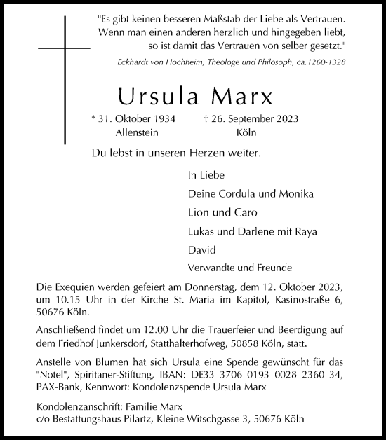 Anzeige von Ursula Marx von Kölner Stadt-Anzeiger / Kölnische Rundschau / Express