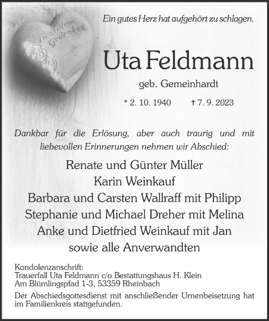 Anzeige von Uta Feldmann von  Schaufenster/Blickpunkt 