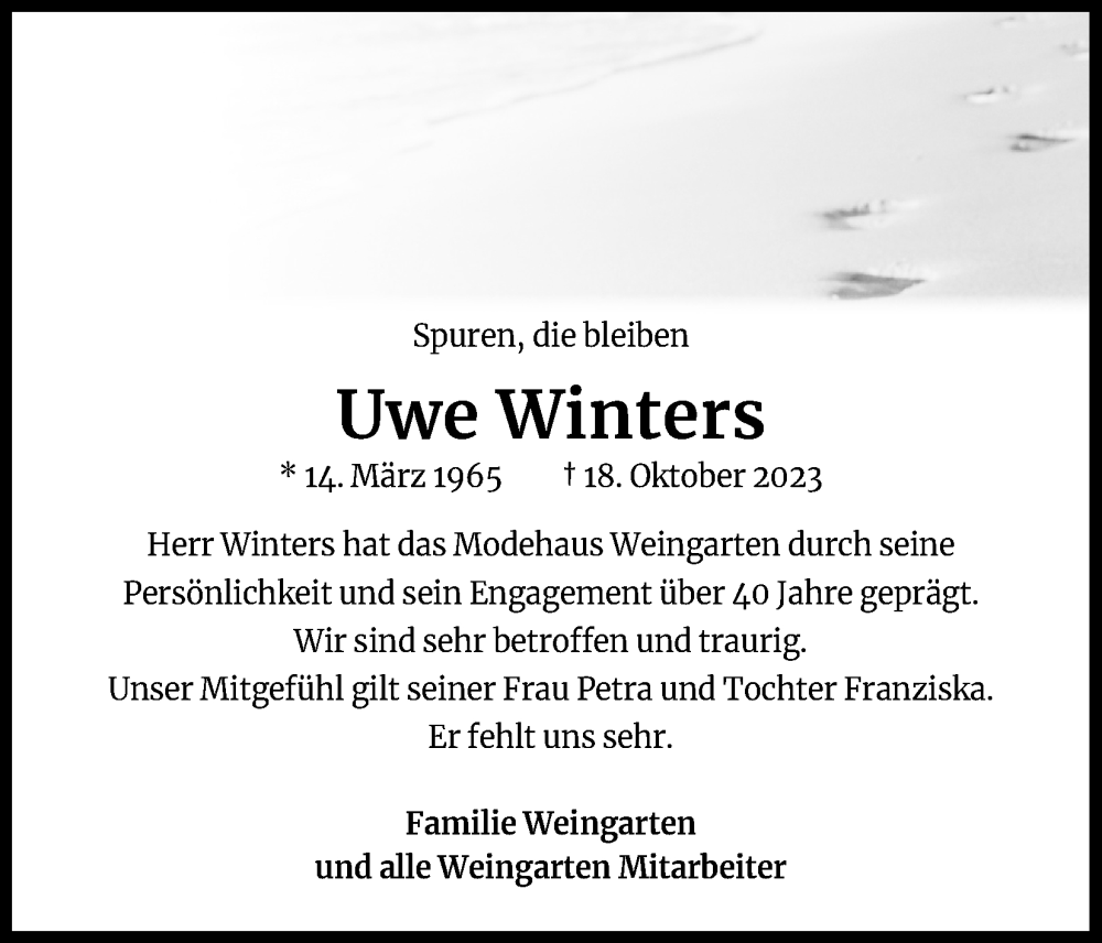  Traueranzeige für Uwe Winters vom 21.10.2023 aus Kölner Stadt-Anzeiger / Kölnische Rundschau / Express