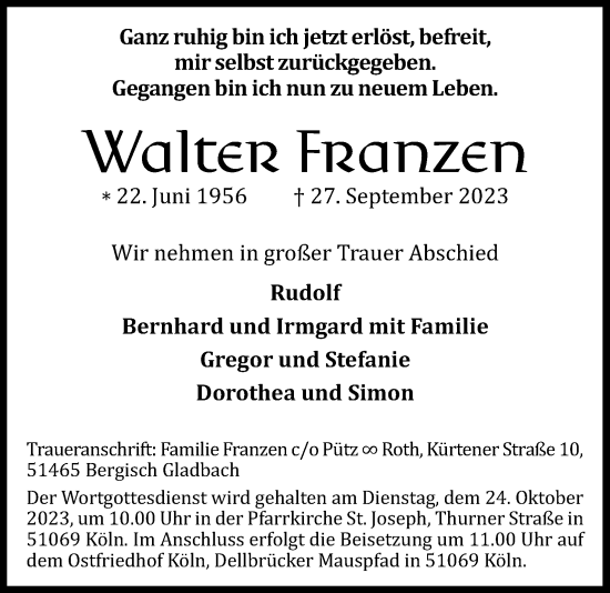 Anzeige von Walten Franzen von Kölner Stadt-Anzeiger / Kölnische Rundschau / Express