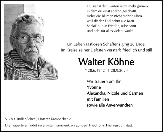 Anzeige von Walter Köhne von Kölner Stadt-Anzeiger / Kölnische Rundschau / Express
