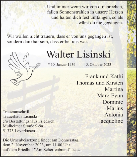 Anzeige von Walter Lisinski von Kölner Stadt-Anzeiger / Kölnische Rundschau / Express