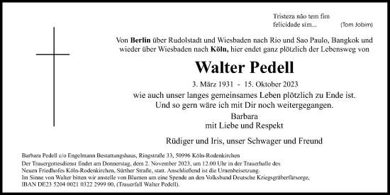Anzeige von Walter Pedell von Kölner Stadt-Anzeiger / Kölnische Rundschau / Express