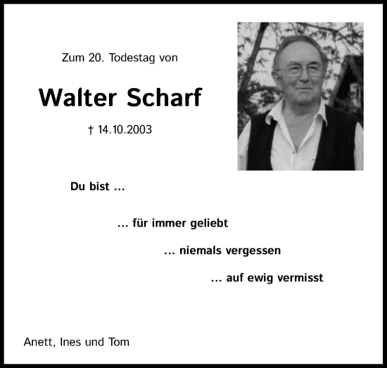 Anzeige von Walter Scharf von Kölner Stadt-Anzeiger / Kölnische Rundschau / Express