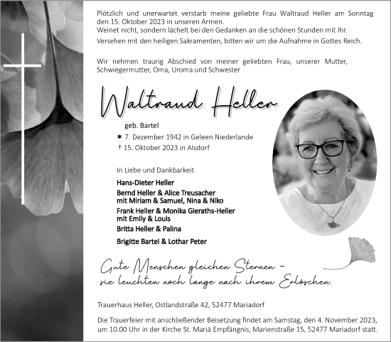 Anzeige von Waltraud Hellller von Kölner Stadt-Anzeiger / Kölnische Rundschau / Express