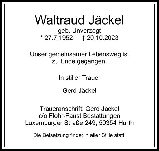 Anzeige von Waltraud Jäckel von Kölner Stadt-Anzeiger / Kölnische Rundschau / Express