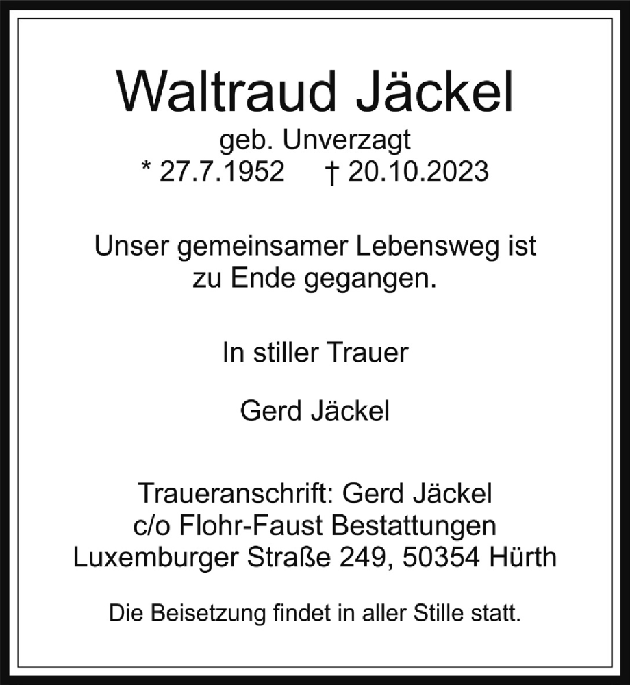  Traueranzeige für Waltraud Jäckel vom 27.10.2023 aus  Wochenende 