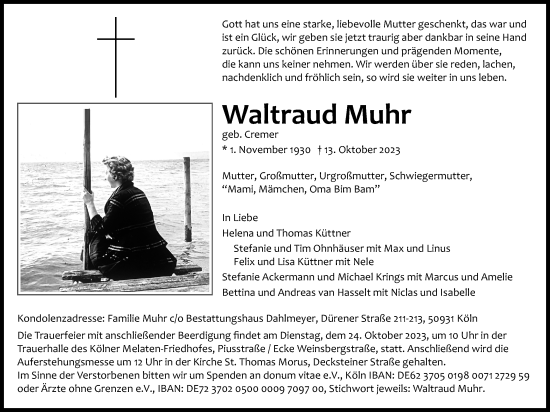 Anzeige von Waltraud Muhr von Kölner Stadt-Anzeiger / Kölnische Rundschau / Express