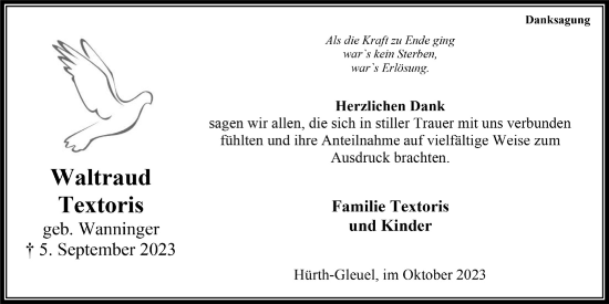 Anzeige von Waltraud Textoris von  Wochenende 