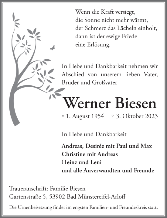 Anzeige von Werner Biesen von  Blickpunkt Euskirchen 