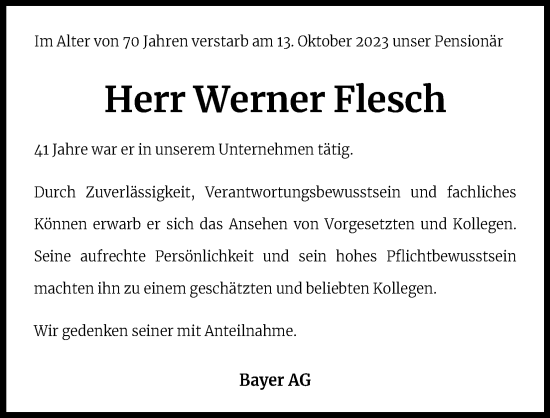 Anzeige von Werner Flesch von Kölner Stadt-Anzeiger / Kölnische Rundschau / Express