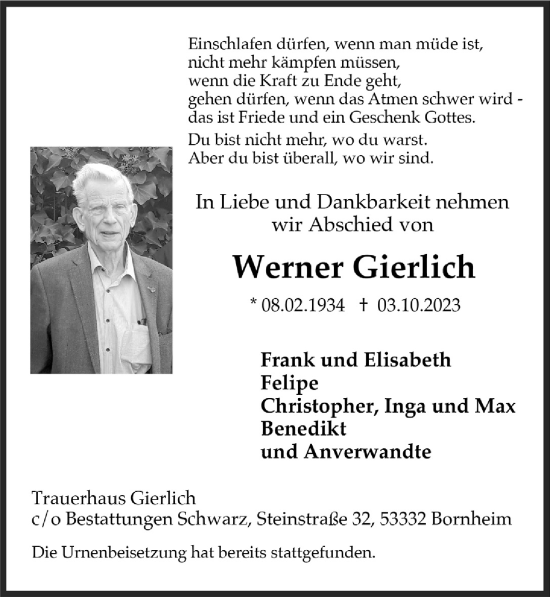 Anzeige von Werner Gierlich von  Schaufenster/Blickpunkt 