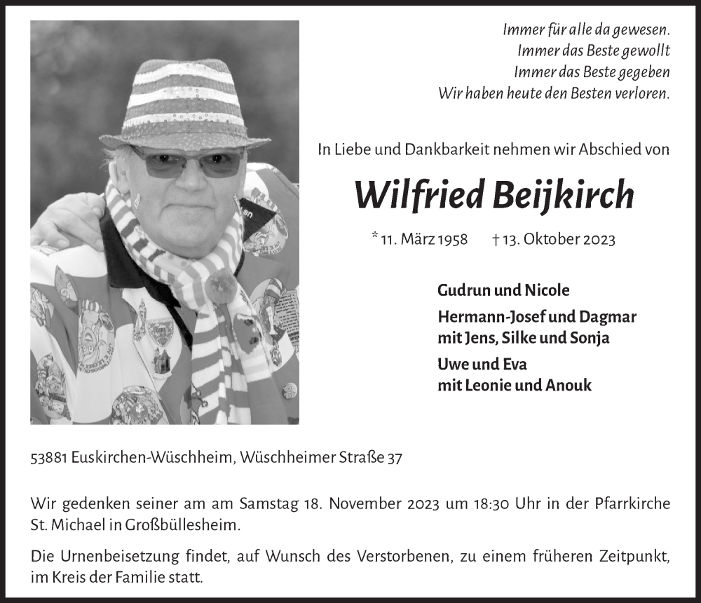  Traueranzeige für Wilfried Beijkirch vom 21.10.2023 aus  Blickpunkt Euskirchen 