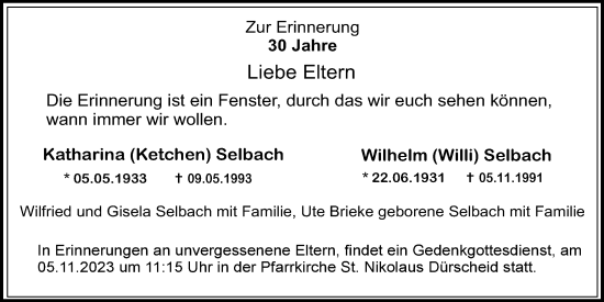 Anzeige von Wilhelm Selbach von  Bergisches Handelsblatt 