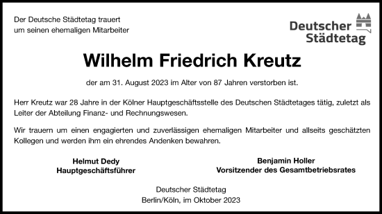 Anzeige von Wilhelm Friedrich Kreutz von Kölner Stadt-Anzeiger / Kölnische Rundschau / Express