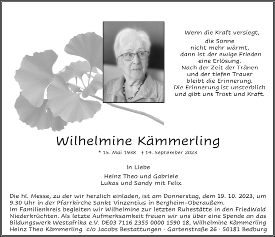 Anzeige von Wilhelmine Kämmerling von  Werbepost 