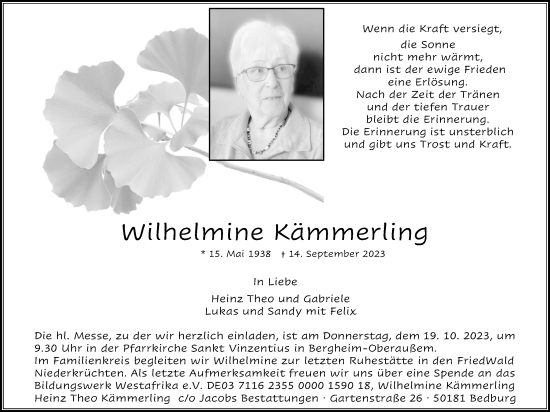 Anzeige von Wilhelmine Kämmerling von Kölner Stadt-Anzeiger / Kölnische Rundschau / Express
