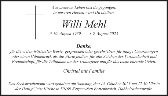Anzeige von Willi Mehl von  Werbepost 