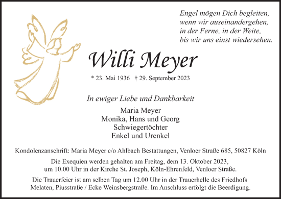 Anzeige von Willi Meyer von Kölner Stadt-Anzeiger / Kölnische Rundschau / Express