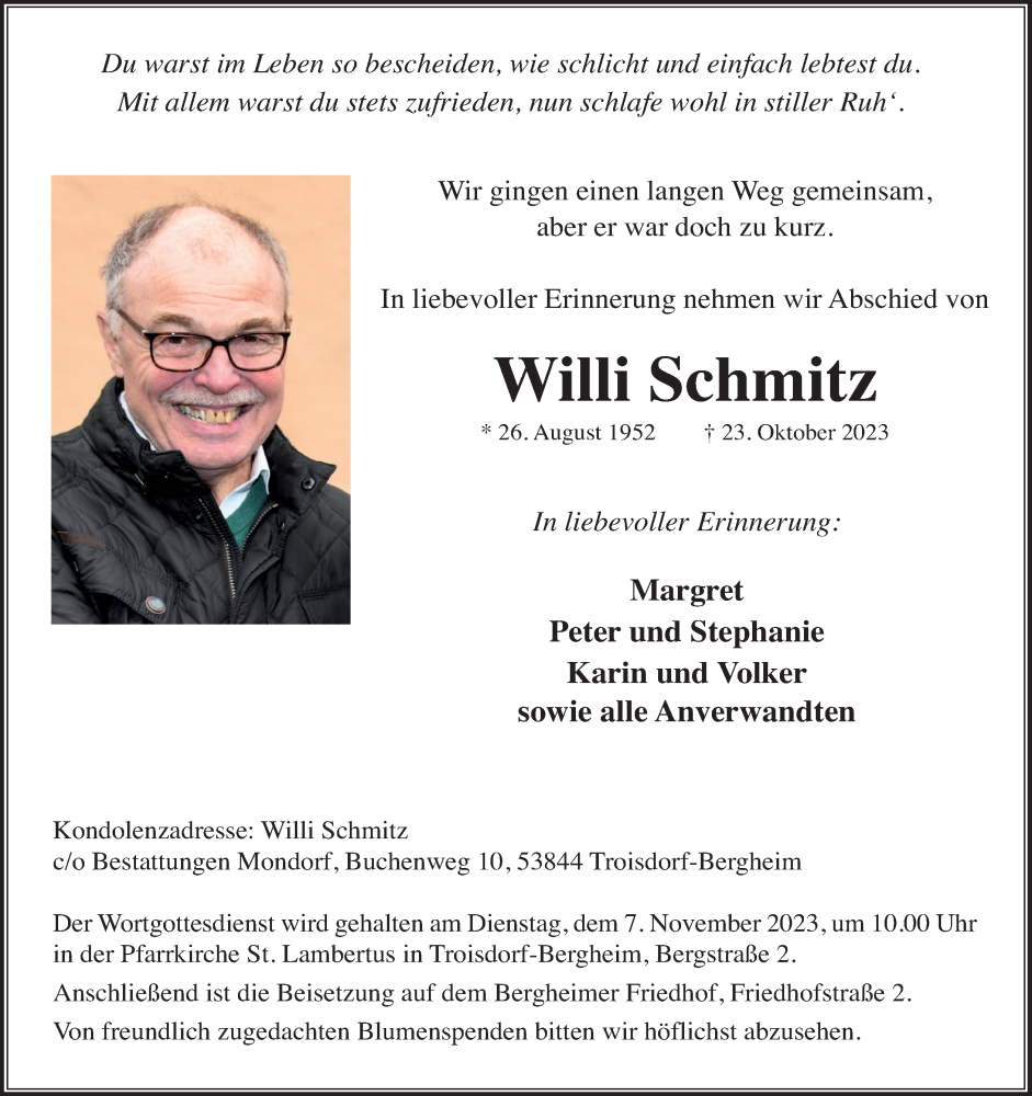  Traueranzeige für Willi Schmitz vom 28.10.2023 aus Kölner Stadt-Anzeiger / Kölnische Rundschau / Express