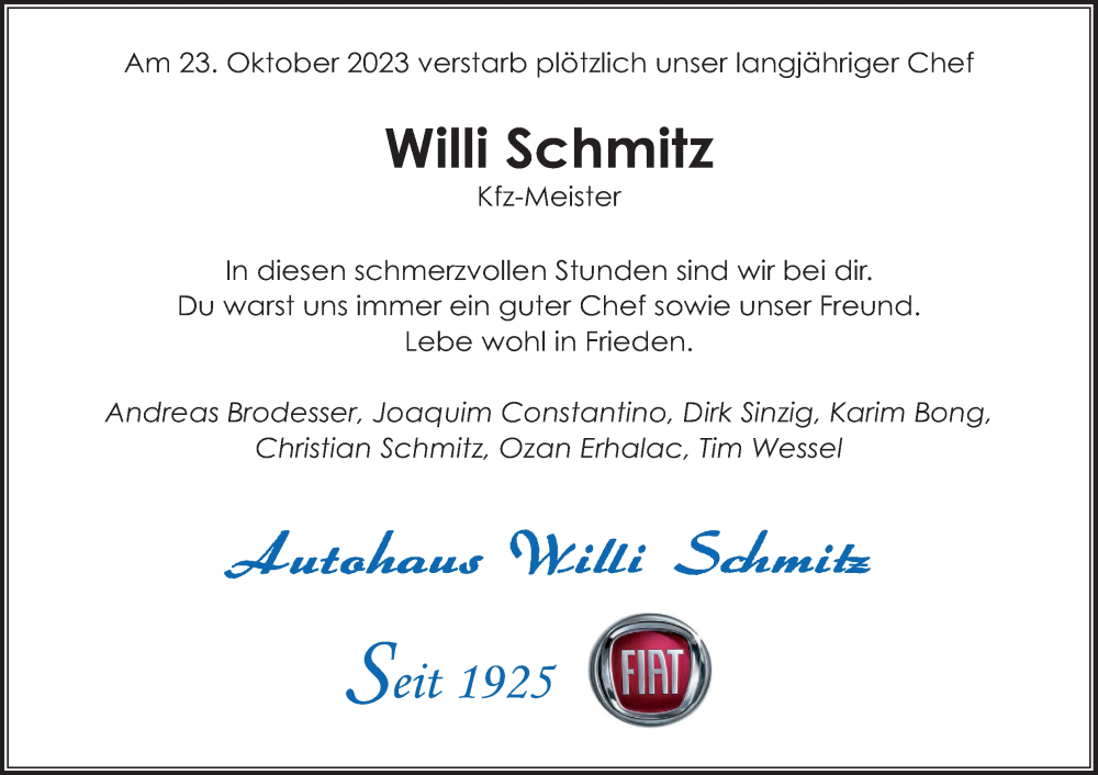  Traueranzeige für Willi Schmitz vom 28.10.2023 aus Kölner Stadt-Anzeiger / Kölnische Rundschau / Express
