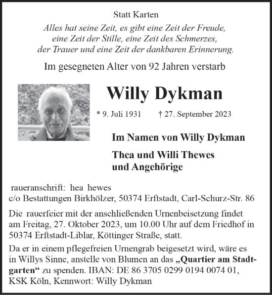 Anzeige von Willy Dykman von  Werbepost 