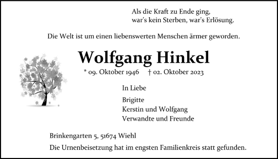 Anzeige von Wolfgang Hinkel von  Anzeigen Echo 