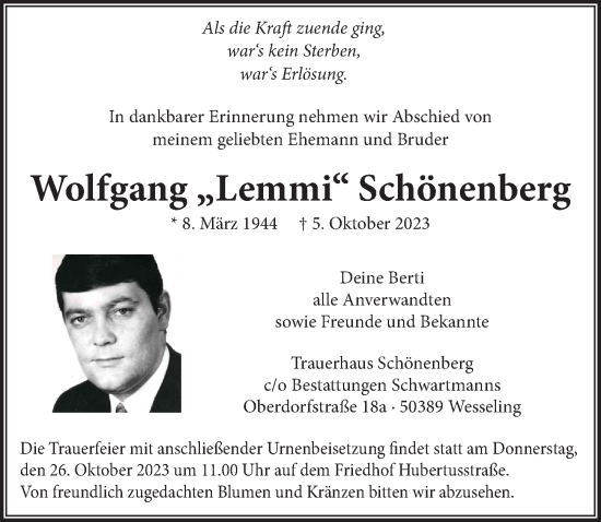Anzeige von Wolfgang Schönenberg von  Schlossbote/Werbekurier 