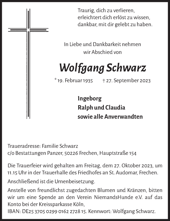 Anzeige von Wolfgang Schwarz von  Wochenende 