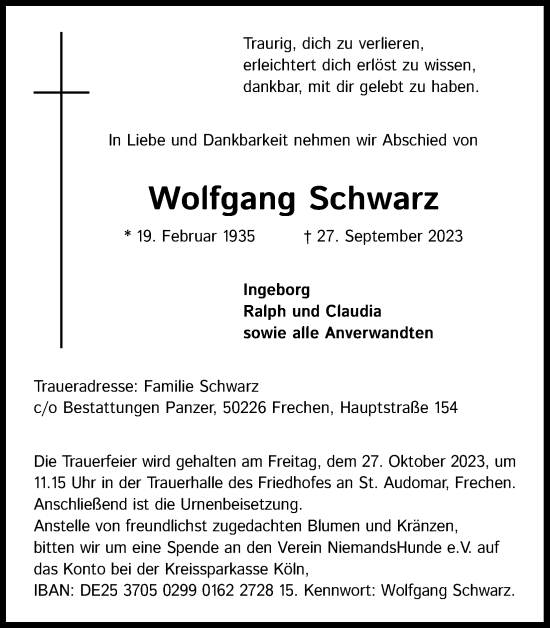 Anzeige von Wolfgang Schwarz von Kölner Stadt-Anzeiger / Kölnische Rundschau / Express