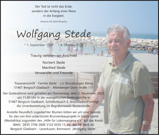 Anzeige von Wolfgang Stede von Kölner Stadt-Anzeiger / Kölnische Rundschau / Express