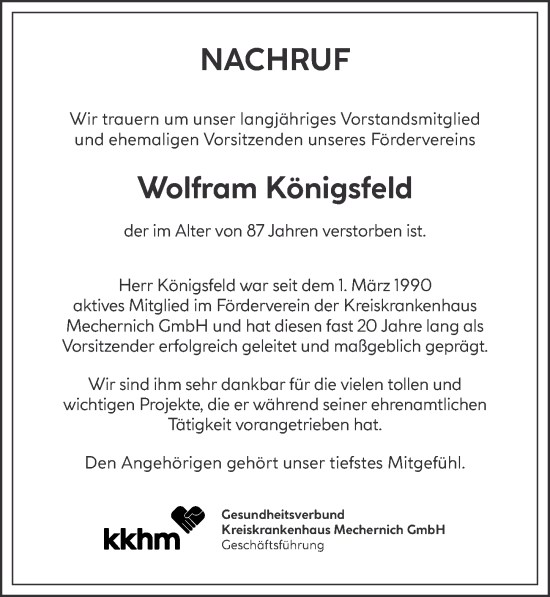 Anzeige von Wolfram Königsfeld von  Blickpunkt Euskirchen 