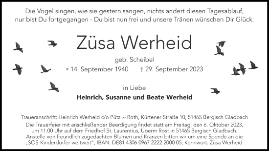 Anzeige von Züsa Werheid von Kölner Stadt-Anzeiger / Kölnische Rundschau / Express