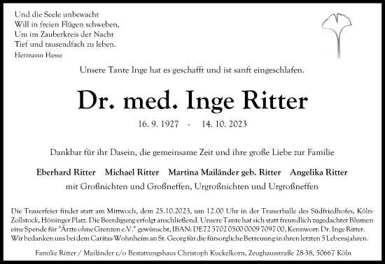 Anzeige von Inge Ritter von KÖLNER STADT-ANZEIGER / KÖLNISCHE RUNDSCHAU / EXPRESS