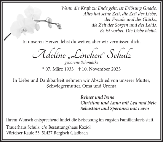 Anzeige von Adeline Schulz von  Bergisches Handelsblatt 