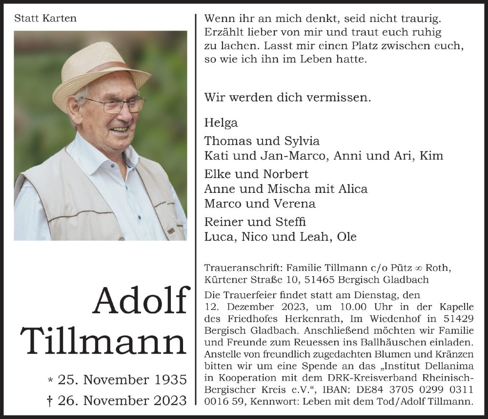  Traueranzeige für Adolf Tillmann vom 01.12.2023 aus  Bergisches Handelsblatt 