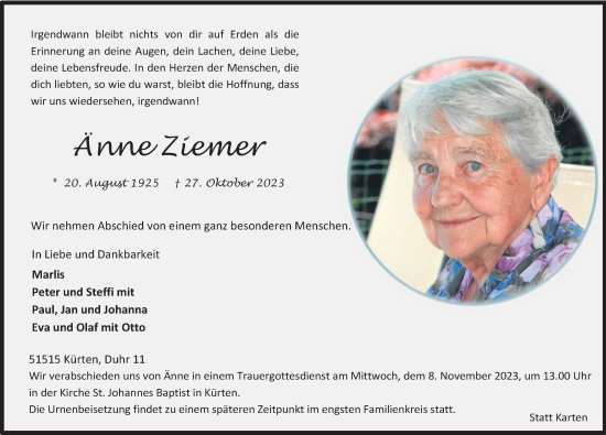Anzeige von Änne Ziemer von Kölner Stadt-Anzeiger / Kölnische Rundschau / Express