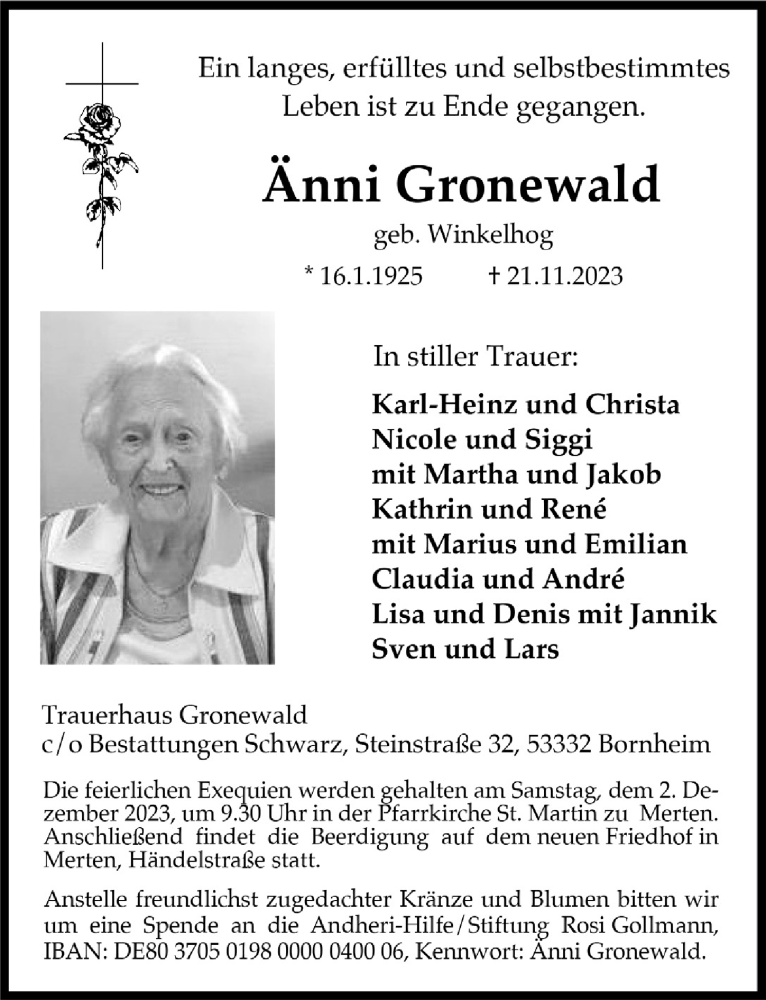  Traueranzeige für Änni Gronewald vom 24.11.2023 aus  Schlossbote/Werbekurier 
