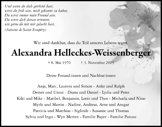 Anzeige von Alexandra Helleckes-Weissenberger von  Bergisches Handelsblatt 