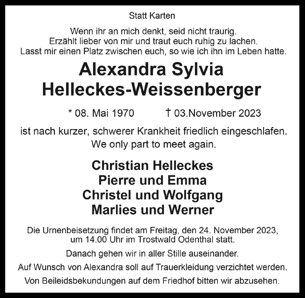  Traueranzeige für Alexandra Sylvia Helleckes-Weissenberger vom 17.11.2023 aus  Bergisches Handelsblatt 