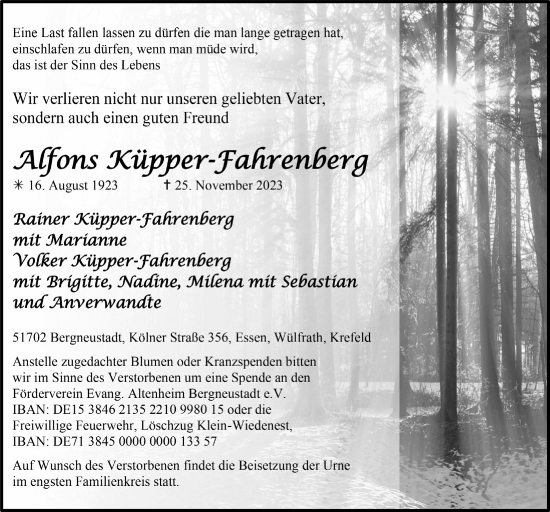 Anzeige von Alfons Küpper-Fahrenberg von  Anzeigen Echo 