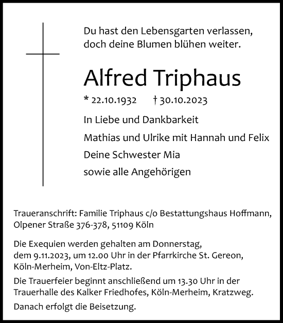 Anzeige von Alfred Triphaus von Kölner Stadt-Anzeiger / Kölnische Rundschau / Express