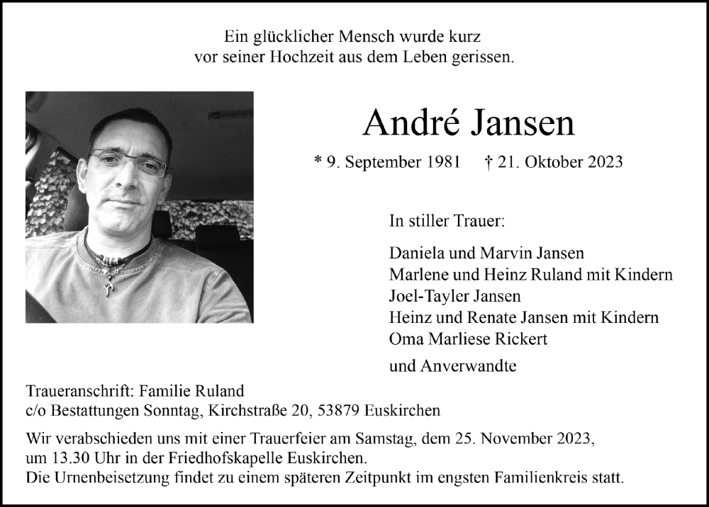  Traueranzeige für Andre Jansen vom 18.11.2023 aus  Blickpunkt Euskirchen 
