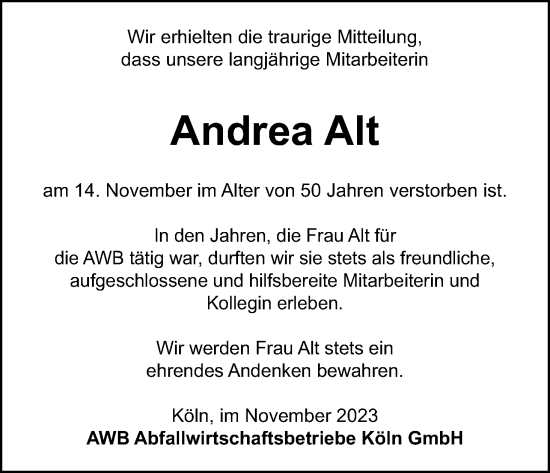 Anzeige von Andrea Alt von Kölner Stadt-Anzeiger / Kölnische Rundschau / Express