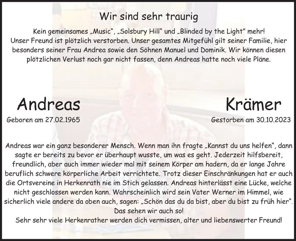  Traueranzeige für Andreas Krämer vom 04.11.2023 aus Kölner Stadt-Anzeiger / Kölnische Rundschau / Express