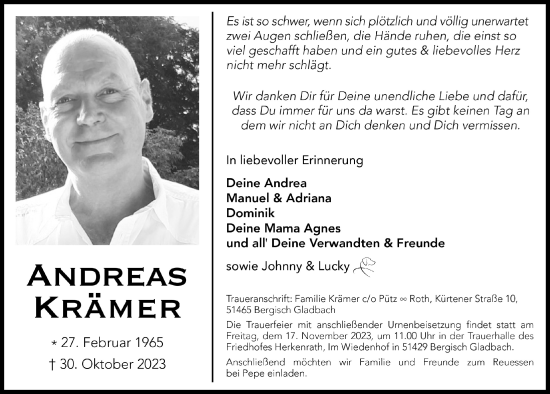 Anzeige von Andreas Krämer von  Bergisches Handelsblatt 